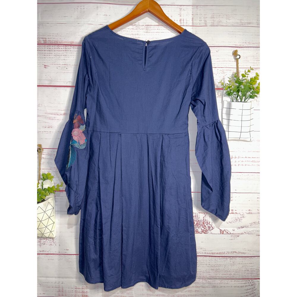 Gigio Boutique Blue Cotton Floral Embroidered Tie Side Dress | NWOT |Size Medium - Picture 6 of 7